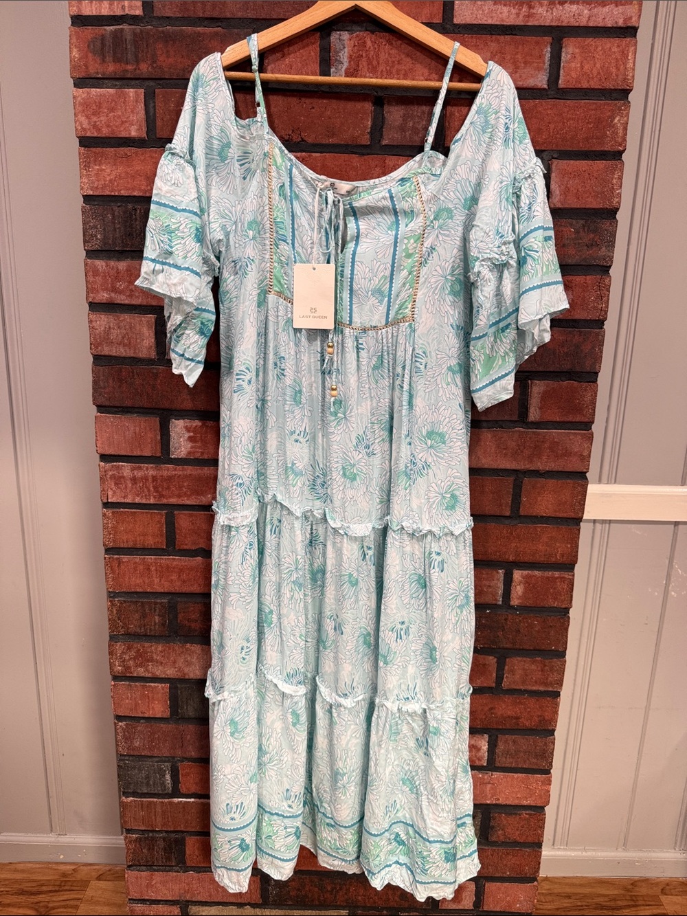 Light Blue Floral Off-Shoulder Maxi Dress with Tassel Tie